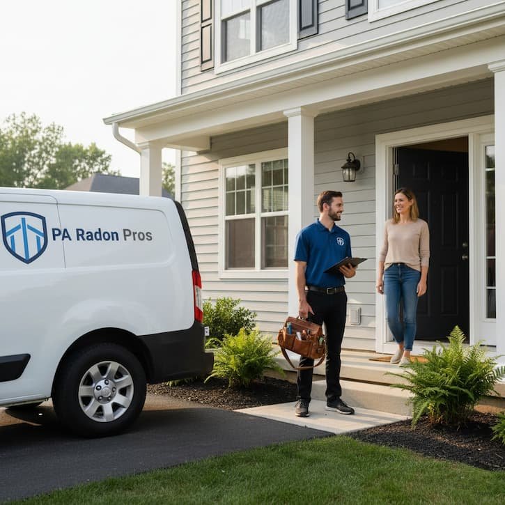 A technician from "PA Radon Pros" stands with a homeowner at a residential door, likely to discuss radon testing.