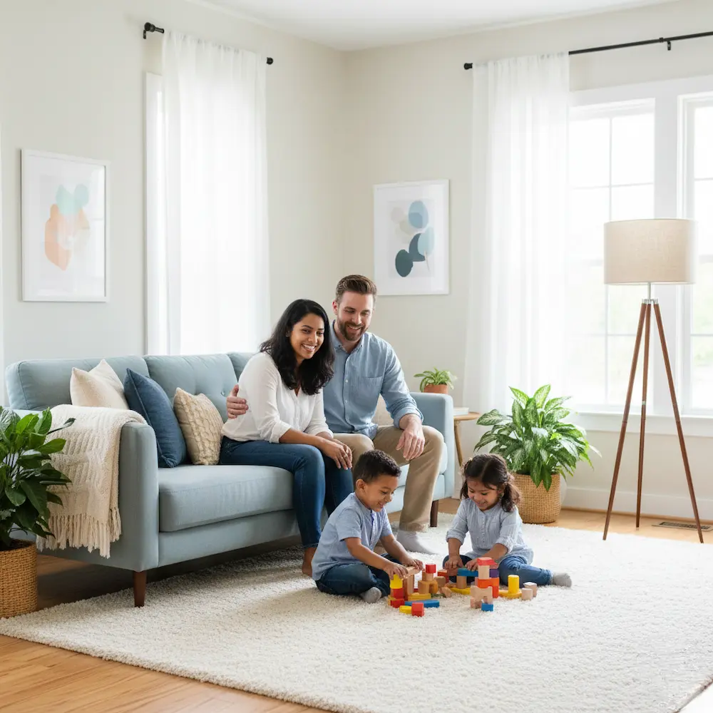 A family sits in their living room. Two children play with blocks. The space has natural light. Consider Residential Radon...