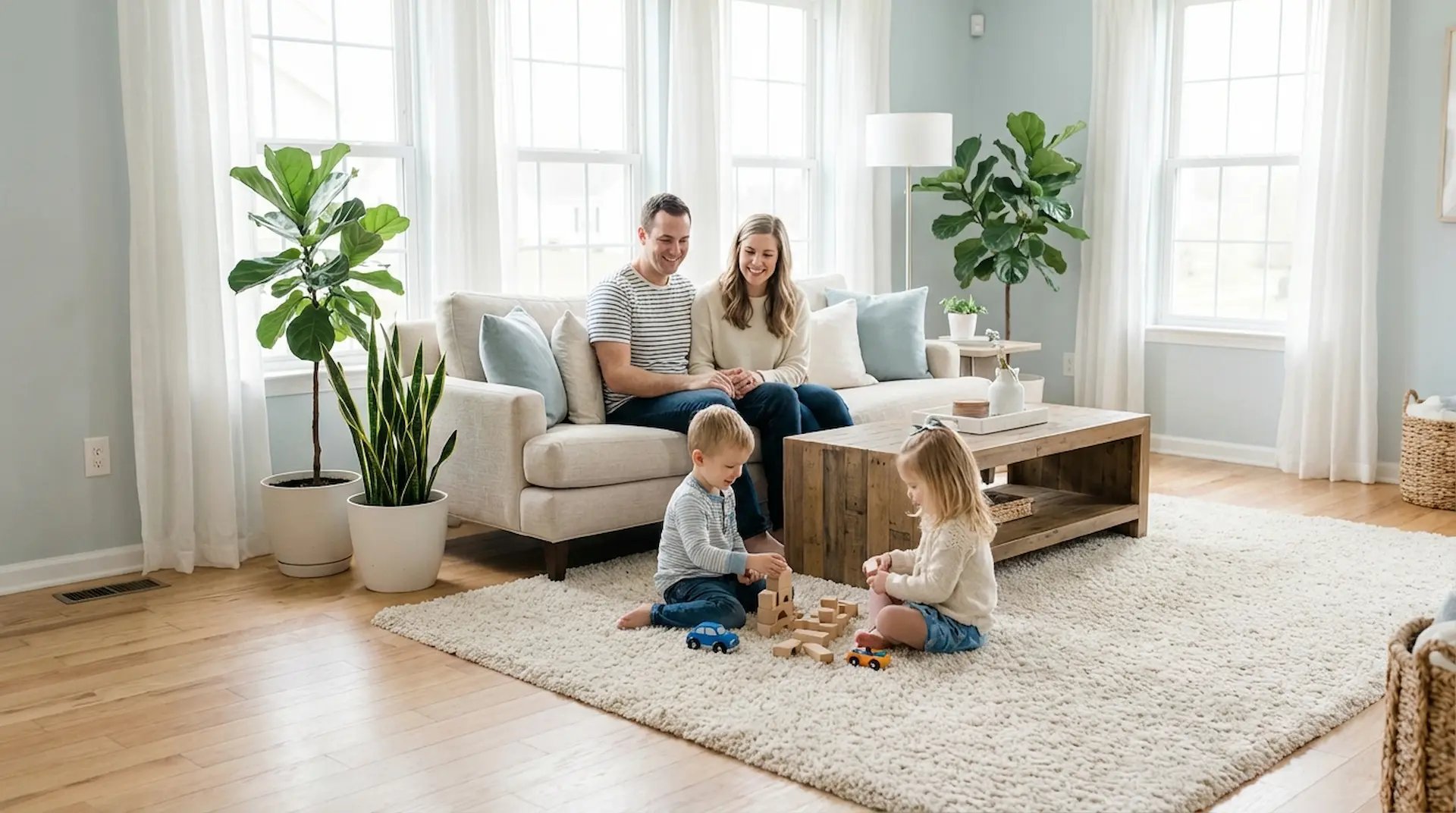 A family relaxes in a bright living room. Two children play with blocks. Could this be a place where Residential Radon tes...