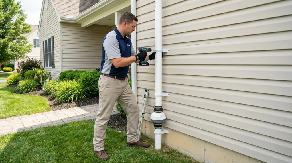 A technician installing a pipe for **Residential Radon** mitigation on the side of a house.