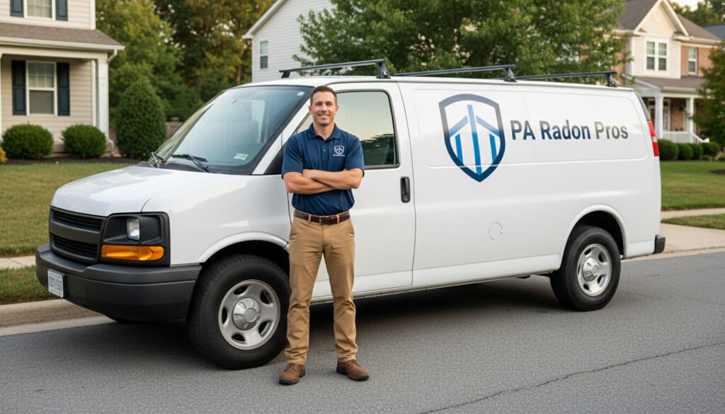 Man stands proudly beside a white van promoting PA Radon Pros, a residential radon service.
