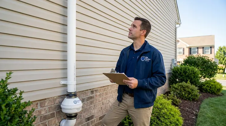 A man in a blue jacket inspects a residential radon mitigation system on a house, holding a clipboard.