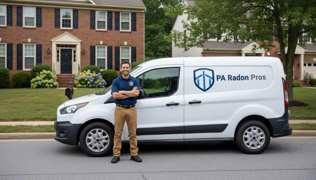 A man stands proudly beside a "PA Radon Pros" van in front of a residential home. Focus on Residential Radon.