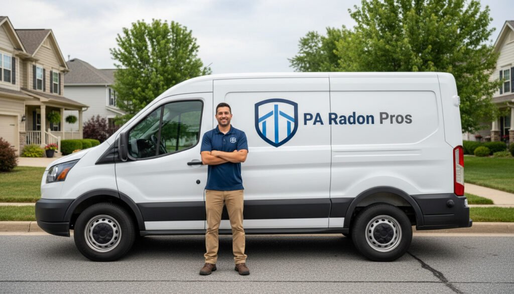 A man stands in front of a white van with "PA Radon Pros" logo, likely for Residential Radon services.