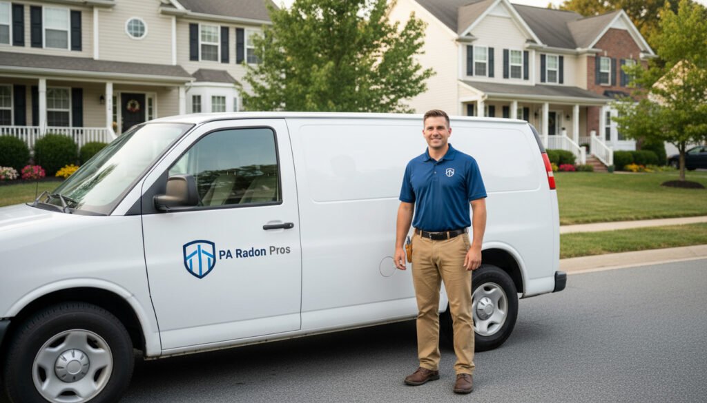 Man standing next to a white van with "PA Radon Pros" logo in front of residential homes, likely for Residential Radon ser...