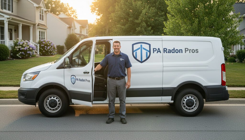 A man stands next to a white van with "PA Radon Pros" on it, advertising residential radon services.