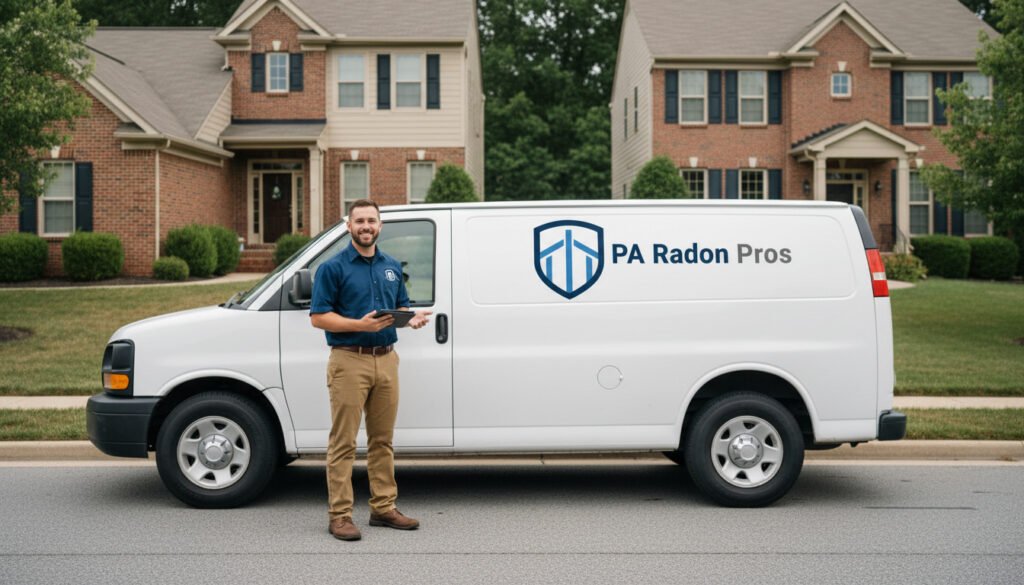 A man stands next to a white van with the logo "PA Radon Pros" in front of residential homes. The image promotes Residenti...