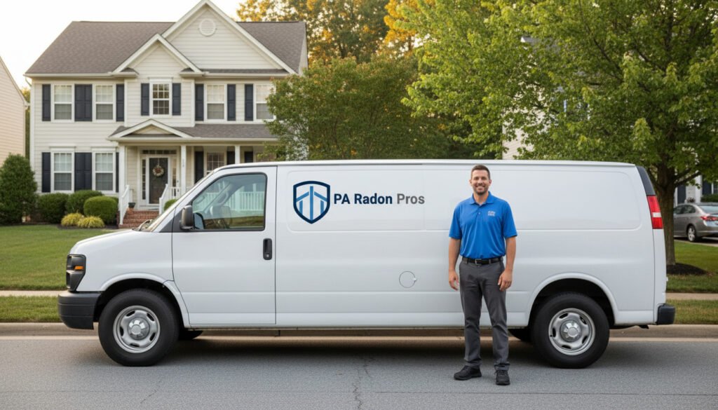 A smiling man stands next to a white van with "PA Radon Pros" on it, in front of a residential house.