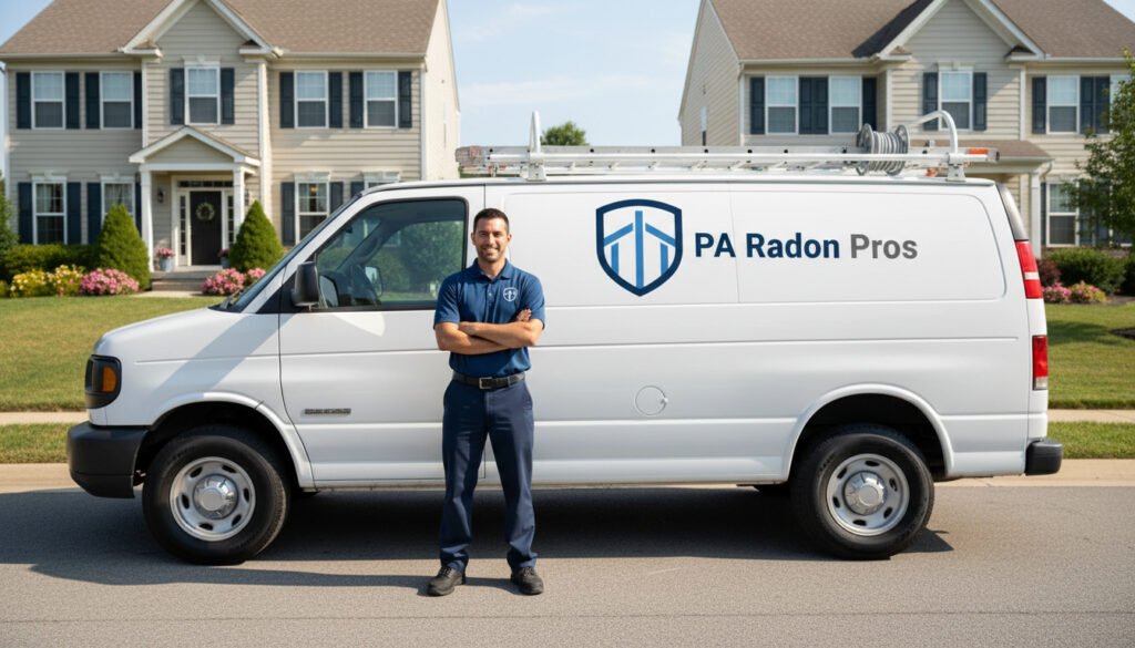 A man stands with arms crossed in front of a white van with "PA Radon Pros" logo, next to residential homes.