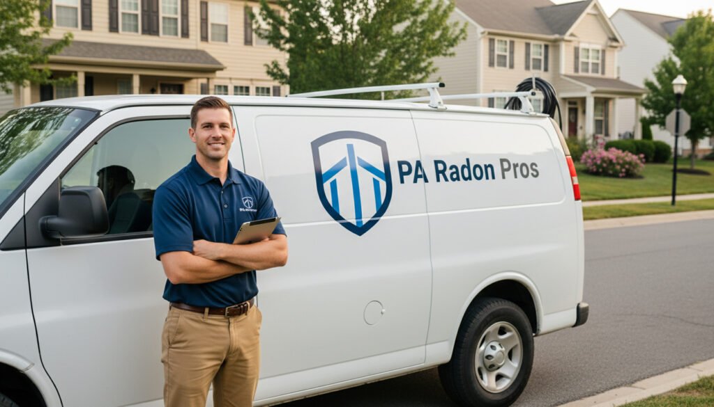 PA Radon Pro stands next to a white van in a residential neighborhood, potentially for Residential Radon services.