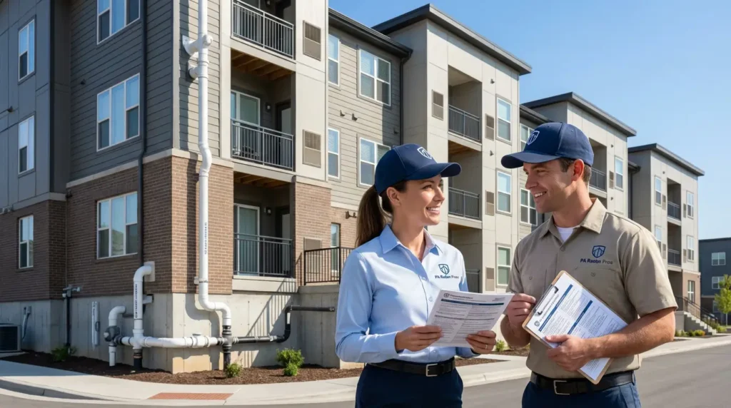 Two PA Radon Pros workers in front of an apartment building, likely assessing for Residential Radon.