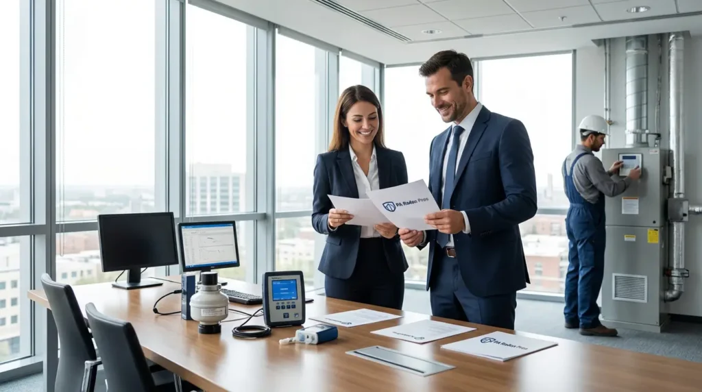Two business people review paperwork, "PA Radon Pros" logo visible, while a technician works on a Residential Radon system.