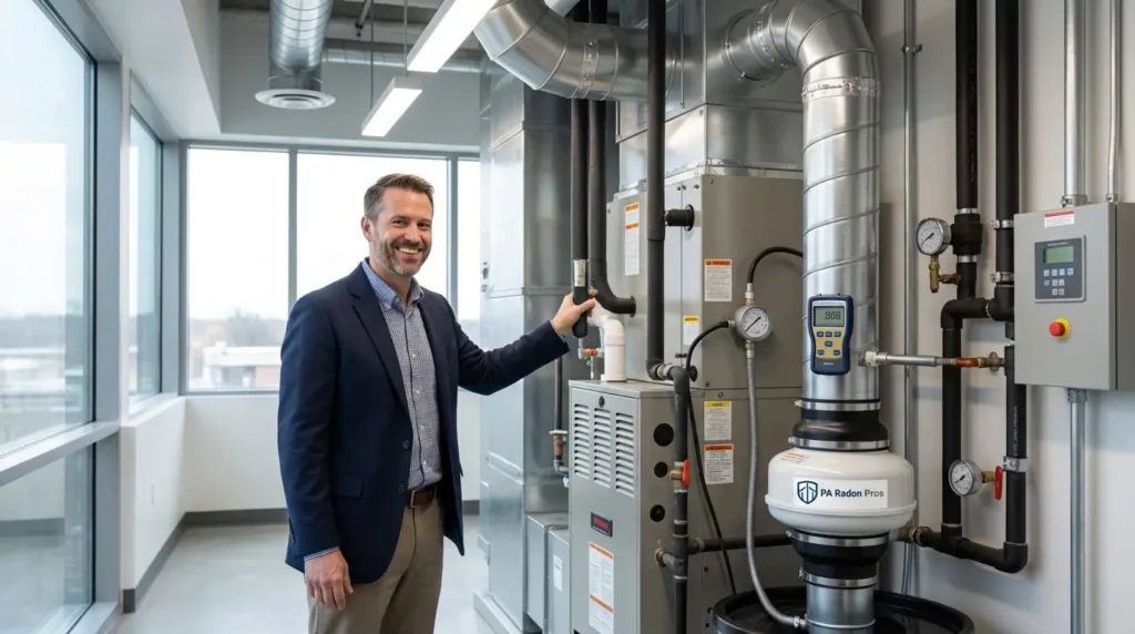 A man in a blazer stands next to a radon mitigation system. The photo is likely promoting Residential Radon services from ...