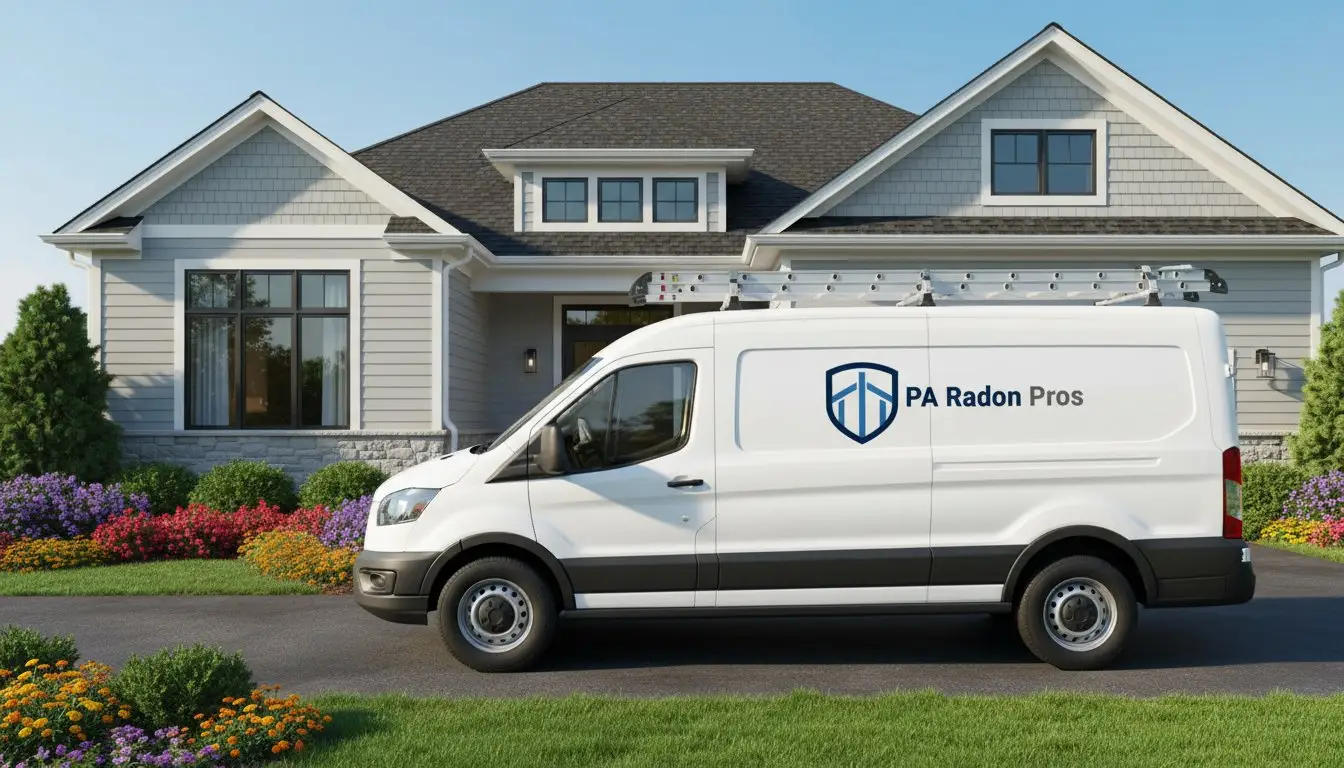 White van with the logo "PA Radon Pros" parked in front of a modern house.