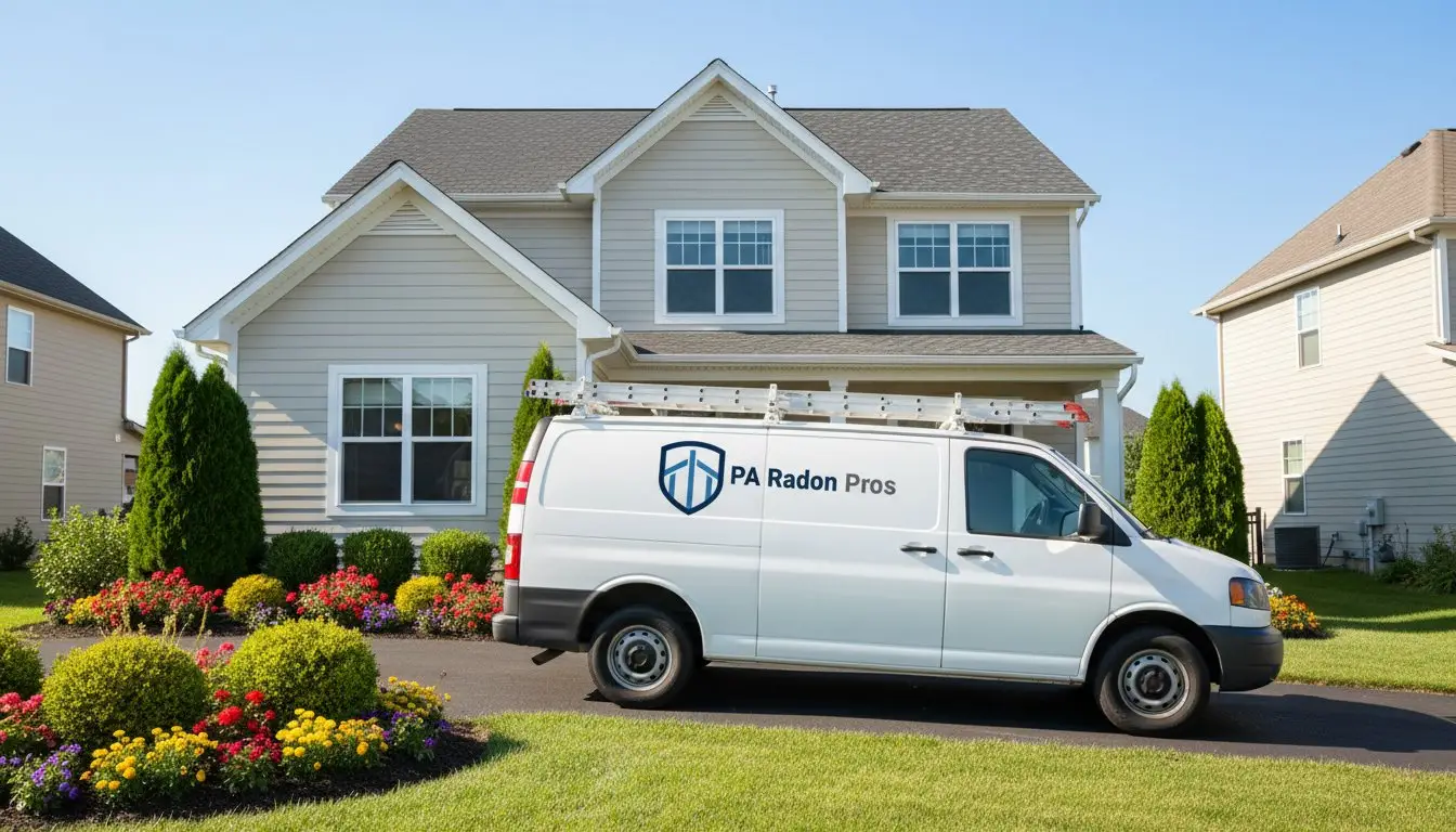 White van with "PA Radon Pros" parked in front of a residential house. Residential Radon services.