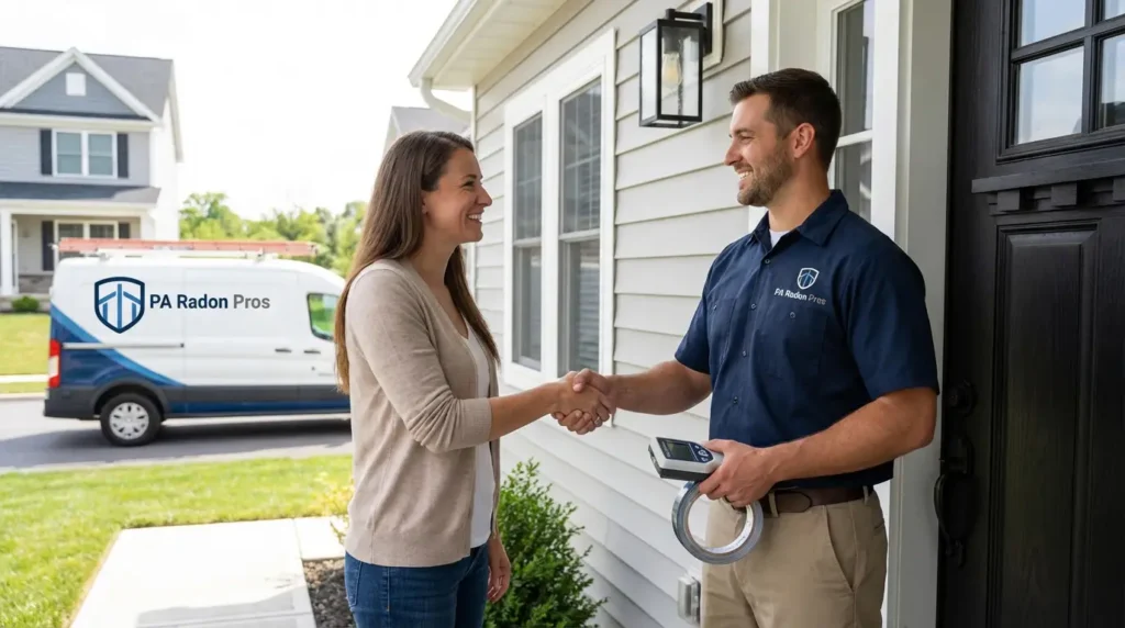A woman shakes hands with a PA Radon Pros technician at a home. Service van in the background. Residential Radon.