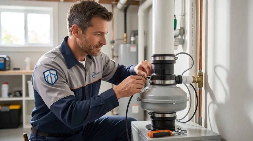 A technician works on a Residential Radon mitigation system in a basement, wearing a company uniform.