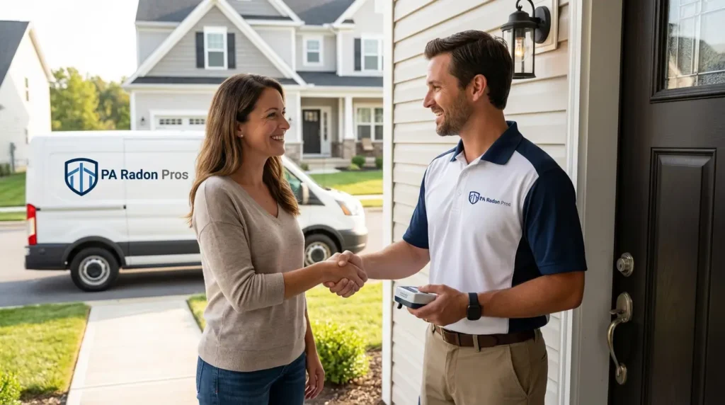 A woman shakes hands with a PA Radon Pros technician at her home. A van is parked in the driveway, suggesting a residentia...